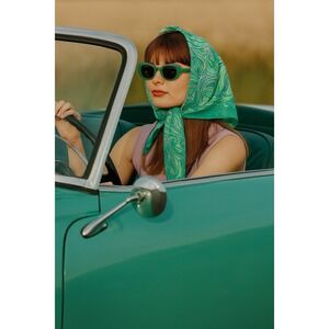 Vintage Scarf 70s Floral Paisley Pattern Blue Green Colorful Mod Retro 15x44